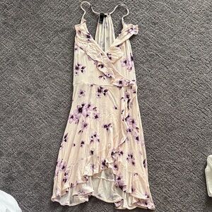 Floral Ruffle Wrap Midi Dress - Light Pink with Purple Print